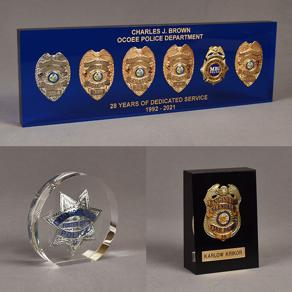 Three different styles of Lucite® Police Badge Embedments.